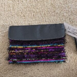 Viva Terra Handcrafted Multicolor Fringe Clutch with Black Leather Flap